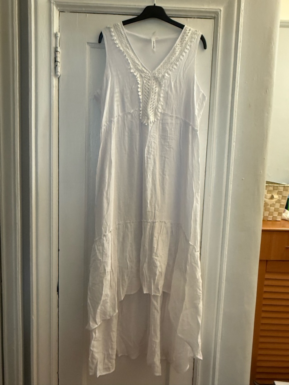 NY Collection White Sleeveless High-Low Maxi Dress with Crochet V-Neck